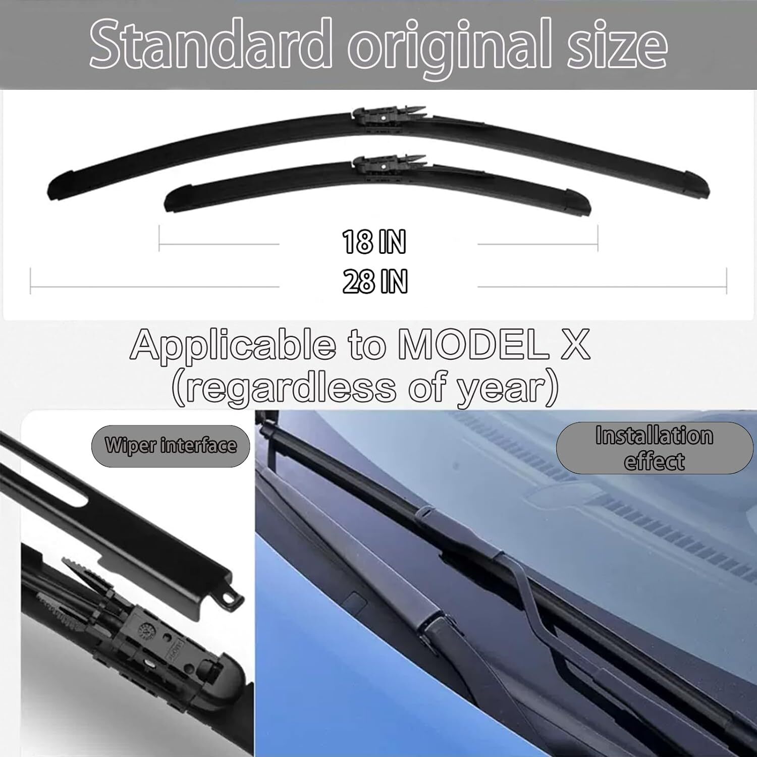 Front Windshield Wiper Blade for Tesla Model X 28" + 18" with Integrated Washing