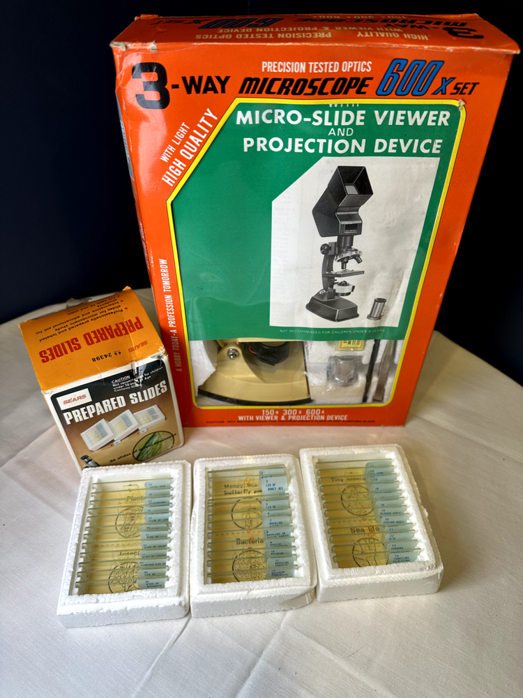 Precision Tested Optics 3 Way Microscope 600× Set with Sears Prepared Slides