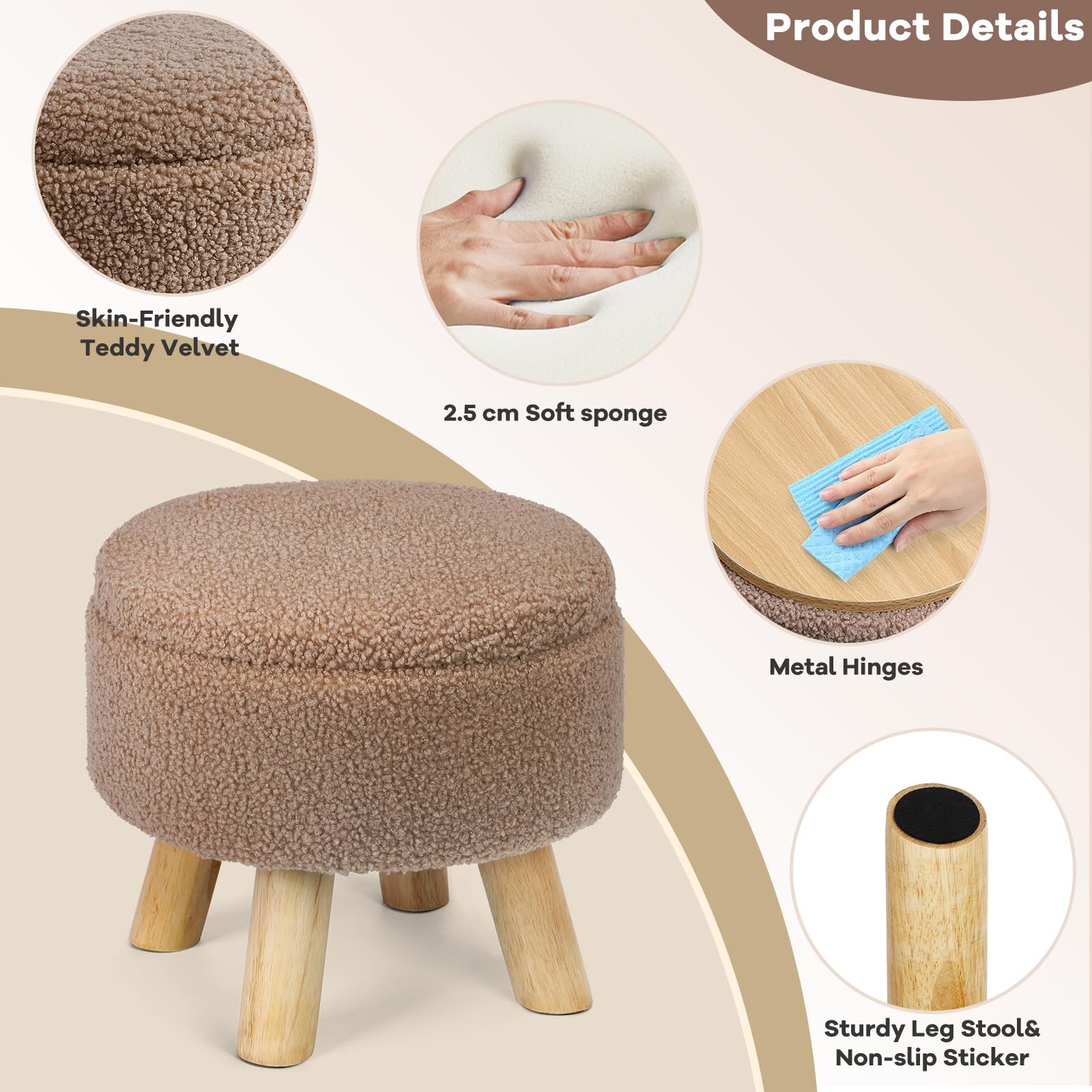 Ottoman Foot Rest, Small Round Ottoman with Storage, Boucle Teddy Velvet Foot...