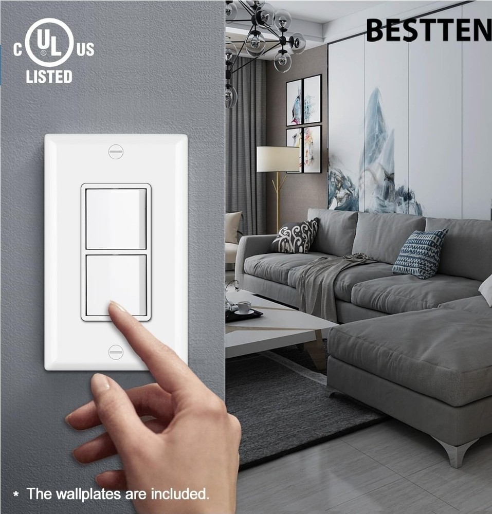 BESTTEN 2 Pack Double On/Off Rocker Light Switch, Single Pole Combination