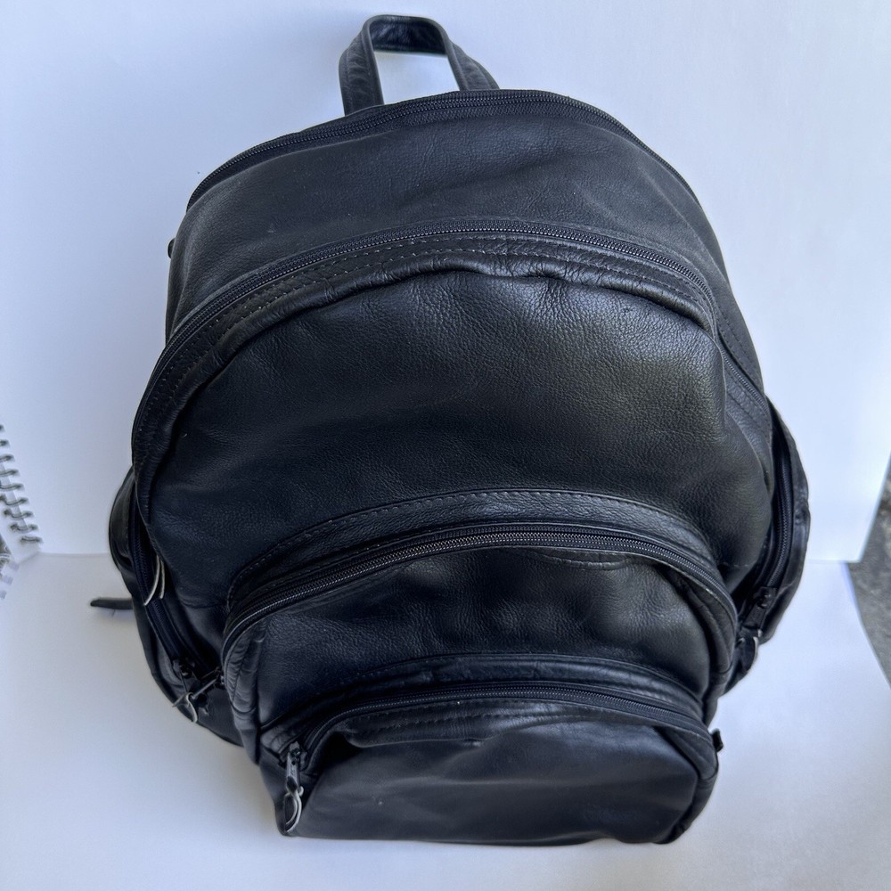 Expandable Black Leather Backpack w/Many Pockets