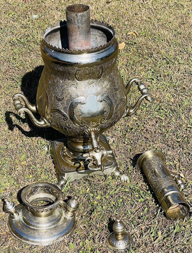 Large Exceptional Moroccan Samovar With Hand Chaised Surface Signed L Z.