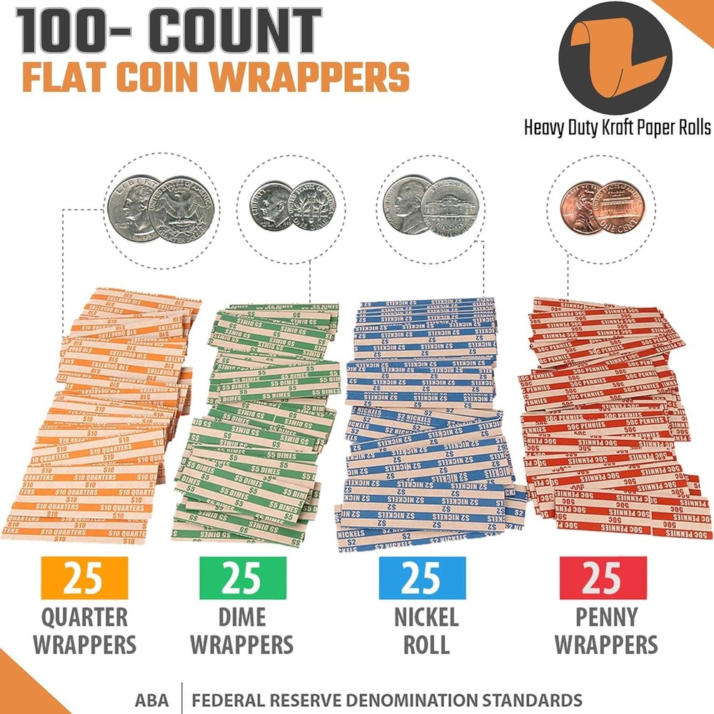 Coin Storage & Sorter Solutions 4 Coded Tubes 100 Assorted High-Quality Wrappers