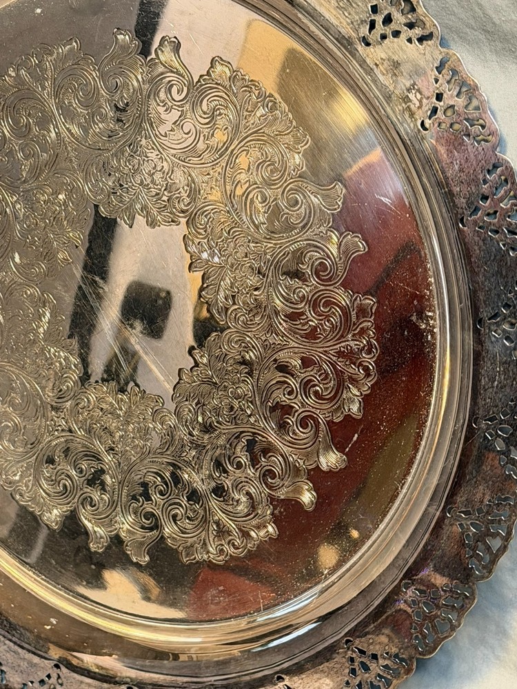 Vintage Silverplate Serving Tray Pierced Rim Etched Floral 15” Oval
