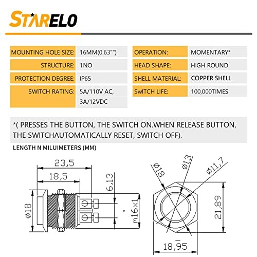 5pcs 16mm Momentary Push Button Switch Sliver Shell, IP65 16mm Silver Shell