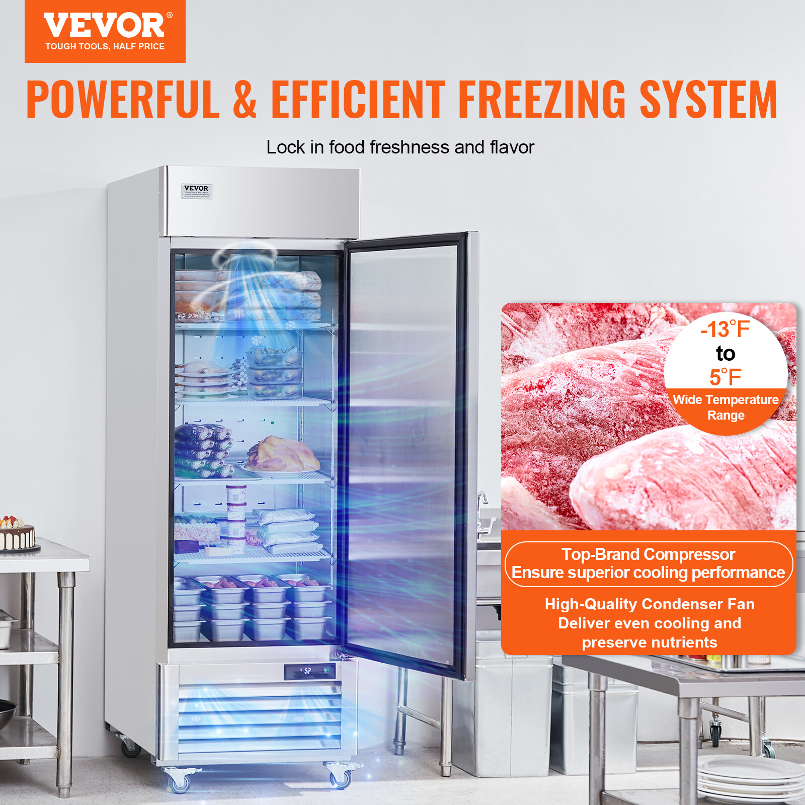 VEVOR Commercial Freezer 19.32 Cu.ft Reach In Upright Freezer 1 Door 4 Shelves