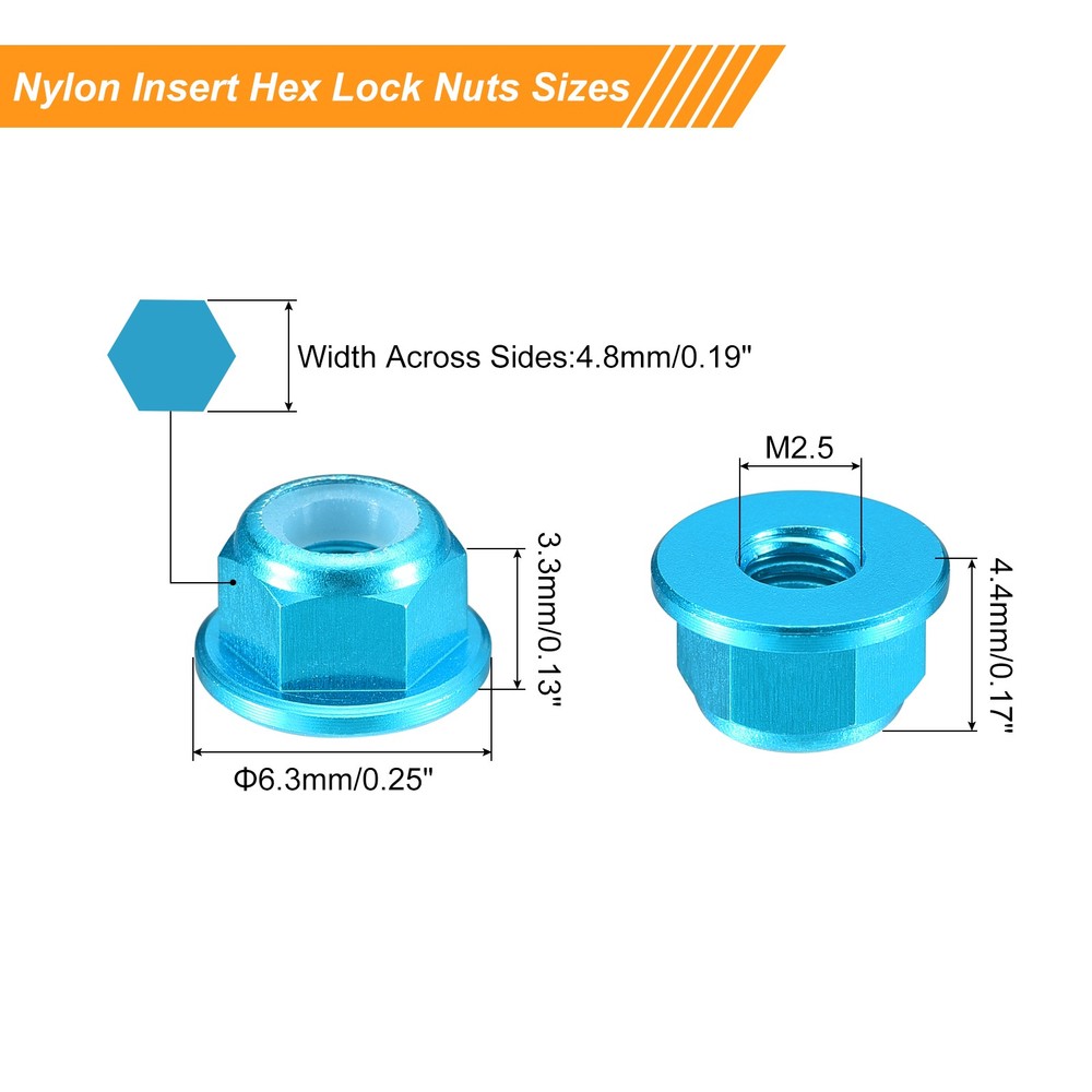 Nylon Insert Hex Lock Nuts, 20pcs - M2.5x0.45mm Self-Locking Nut(Sky Blue)