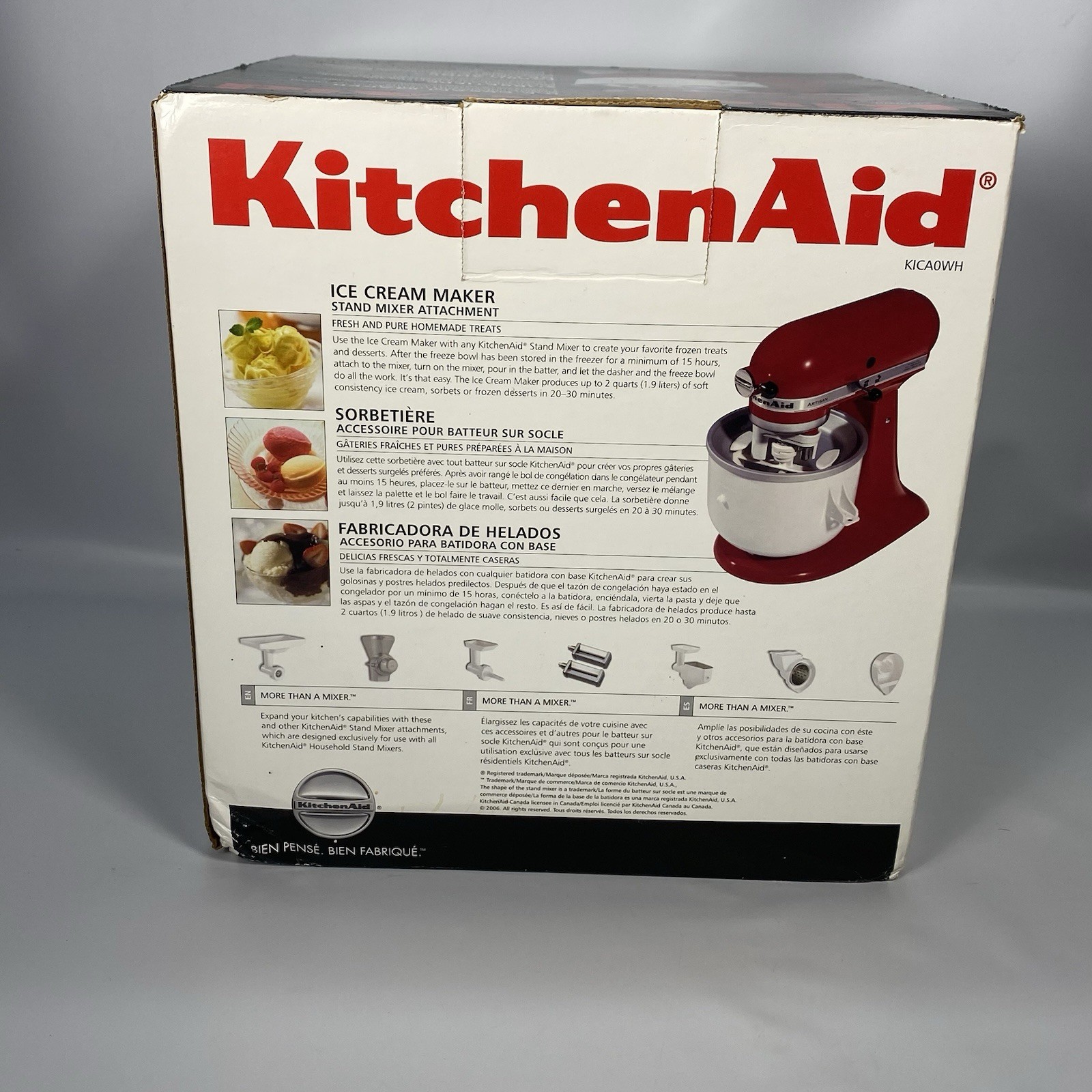 KitchenAid KICA0WH Ice Cream Maker Stand Mixer Attachment 2qt Freeze Bowl OB
