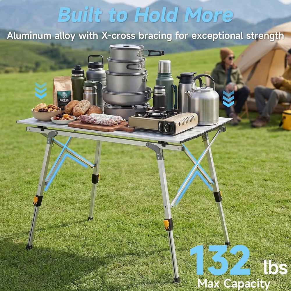 Camping Table Portable Foldable with Adjustable Legs, Aluminum Roll up Table wit