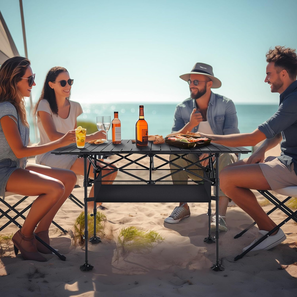 Folding Camping Table, Portable Roll-Up Table with Adjustable Height, Large Stor