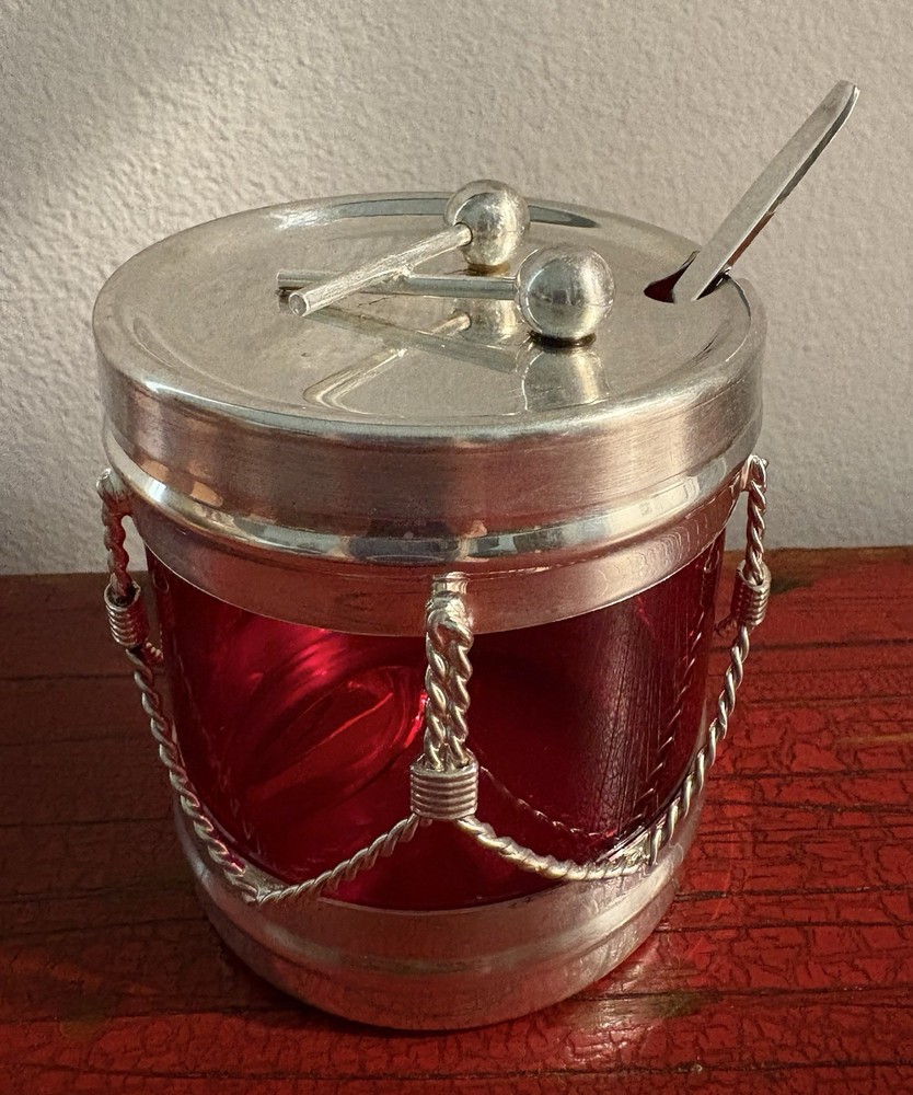 FB Rogers Silver Plate Snare Drum Condiment Red Jar