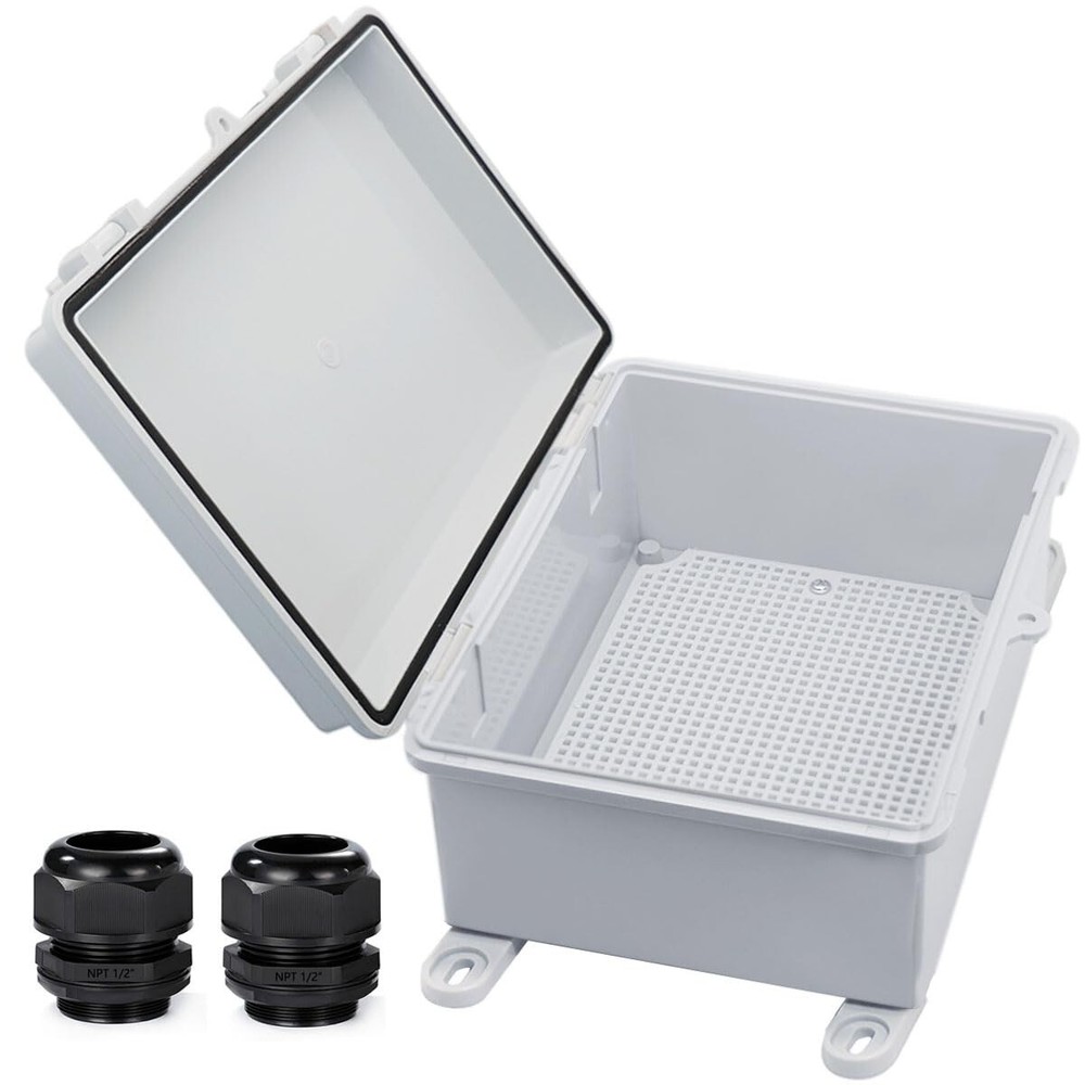 IP67 Waterproof Electrical Junction Box, ABS, Wall Bracket 2Cable Glands, Grey