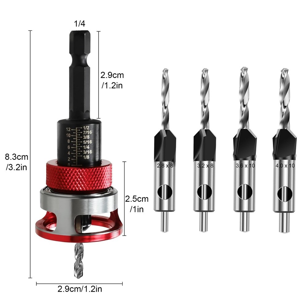 4PCS Countersink Drill Bit Set with Adjustable Depth Stop M2 HSS Woodworking Bit