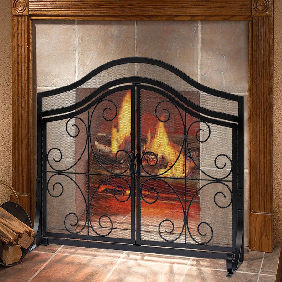 Amagabeli Fireplace Screen w Doors Large Flat Spark Guard with Protective Mesh