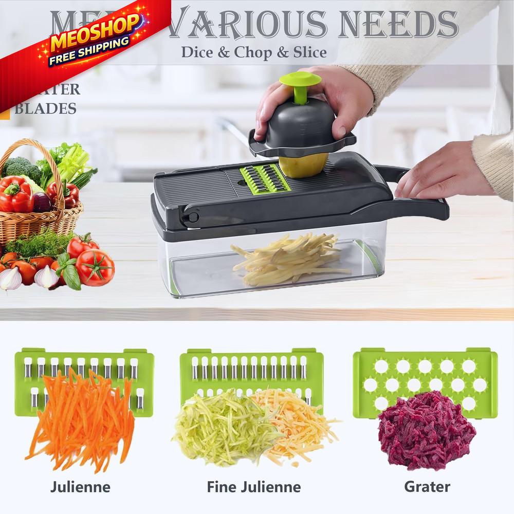 Vegetable Chopper Dicer with Container | Cheese Grater 8 Blades, Gray