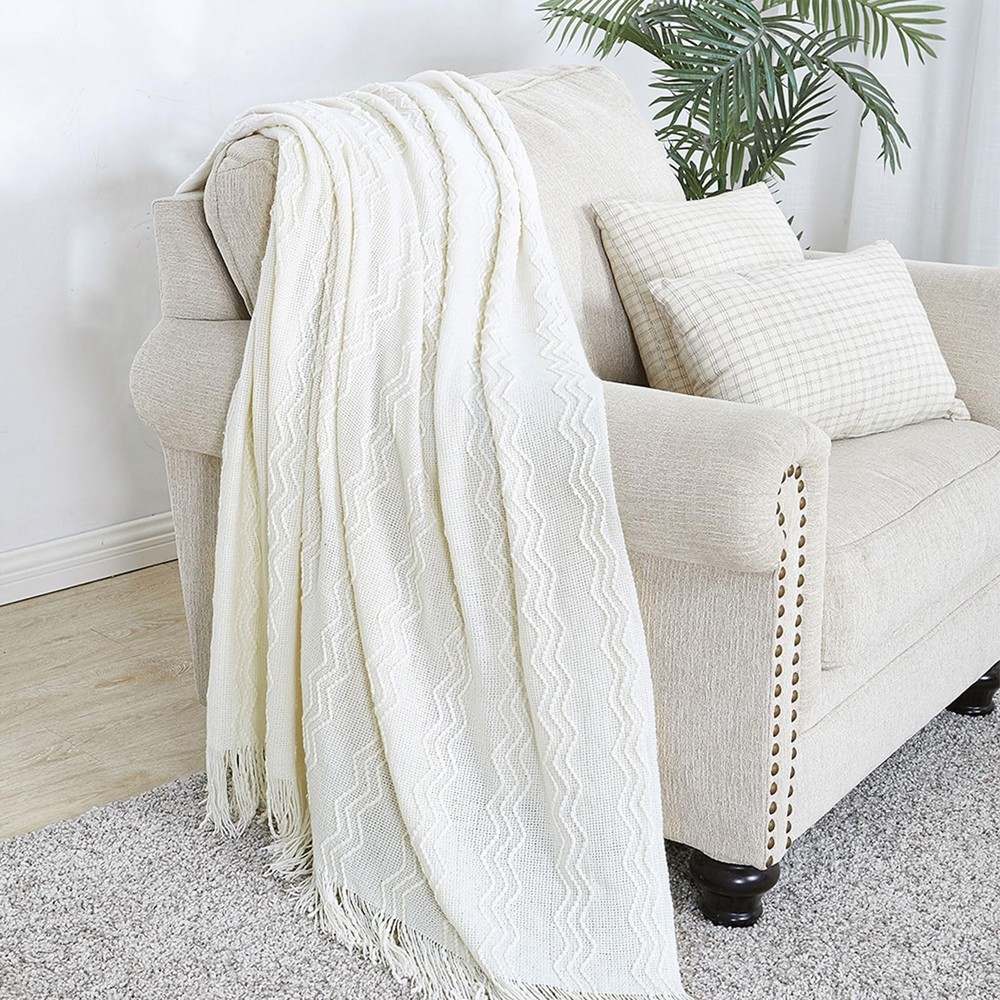 Off White Throw Blanket 50x60 Inches Throw Textured Solid Soft Sofa Couch Dec...