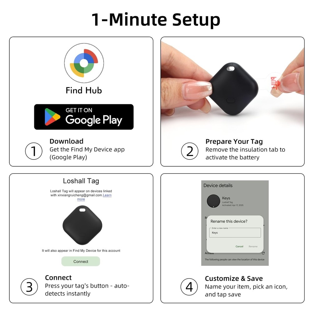 Android Tracker Tags 4 Pack and 2pcs CR2032 Batteries, Smart Tracking Device ...