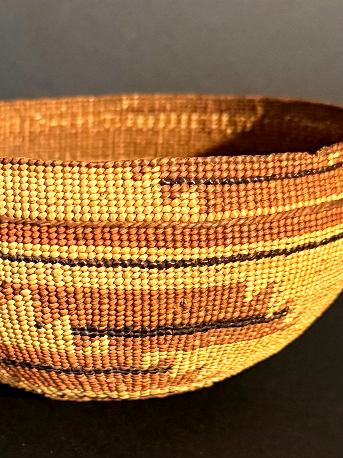 EXTRAORDINARY HUPA FANCY CAP BASKET, BEAR GRASS & FERN OVERLAY, C1890, EXCELLENT