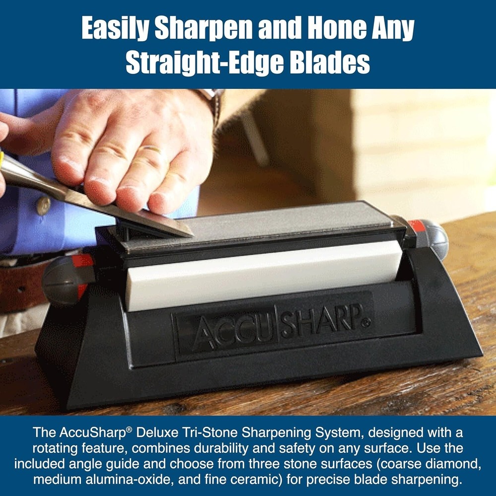 AccuSharp Deluxe Tri-Stone Knife Sharpener System Diamond Ceramic Angle Guide