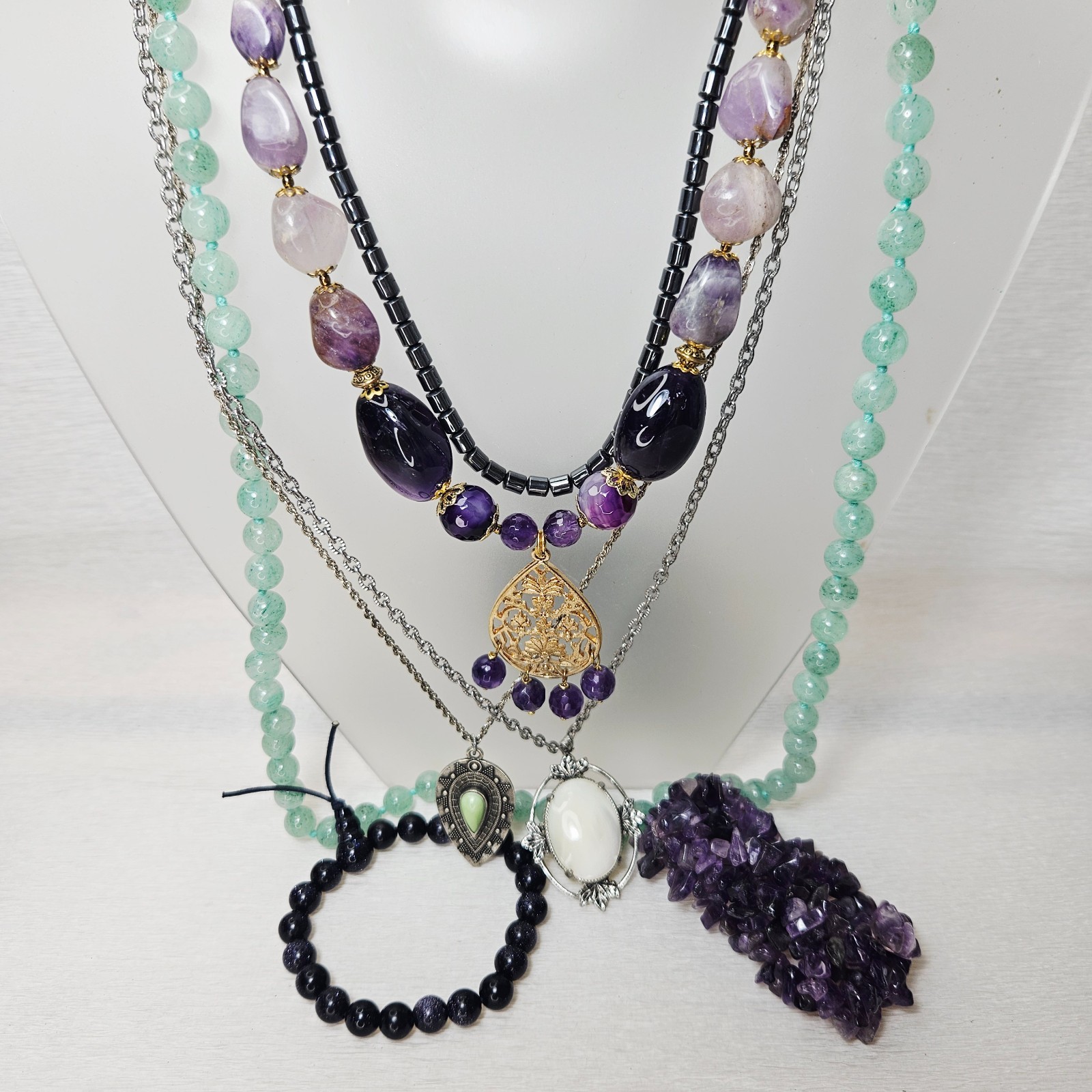 5 Gemstone Necklaces 2 Bracelets Amethyst Adventurine Hematite Blue Goldstone