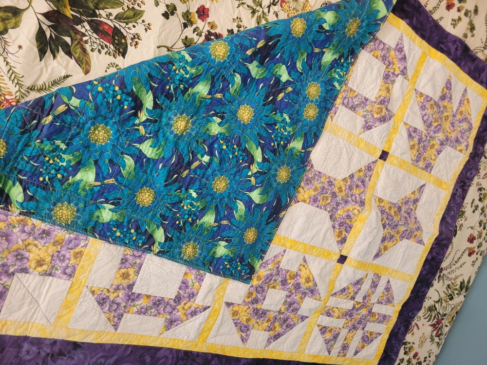 Handmade Patchwork sampler Throw/Toddler Quilt Purple Floral Cotton