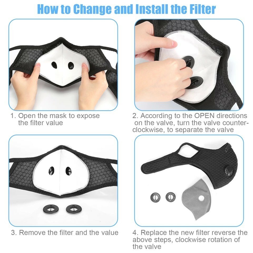 Six (6) Cycling Face Masks Active Carbon Filter Reusable Breathe Easy