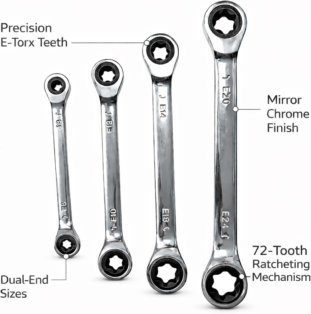 E-Torx Double Box Ratcheting Wrench Set, 4 Sets 72-Tooth Dual Head E6 E8 E10 ...
