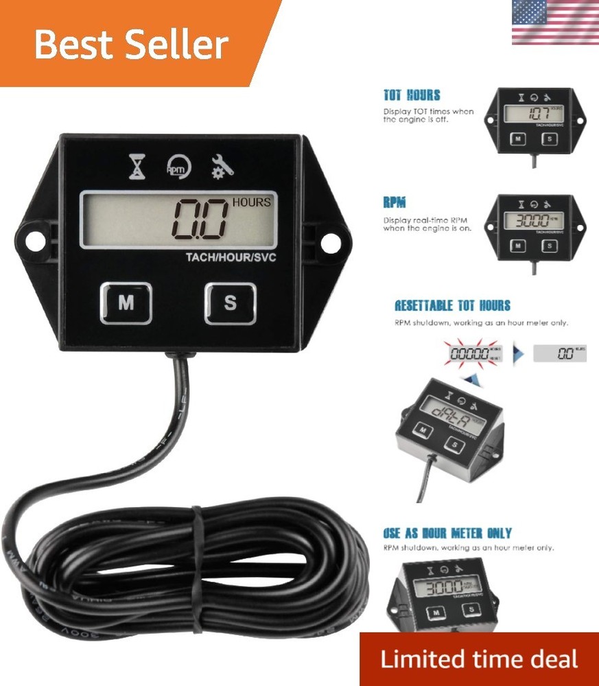 Compact Hour Meter Tachometer with Programmable Maintenance Alerts for Equipment