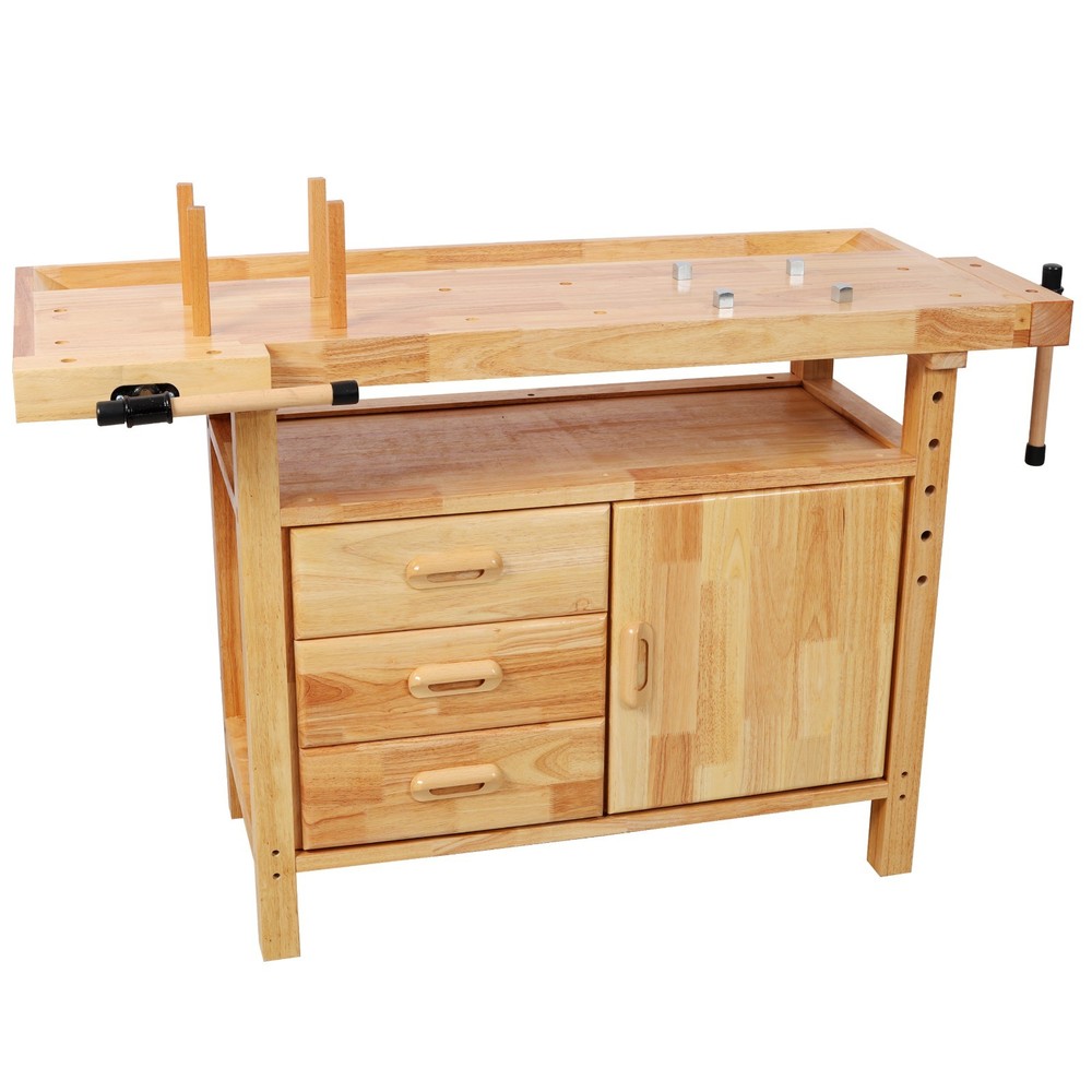 50" Solid Rubberwood Workbench with 3 Drawers and Cabinet for Garage