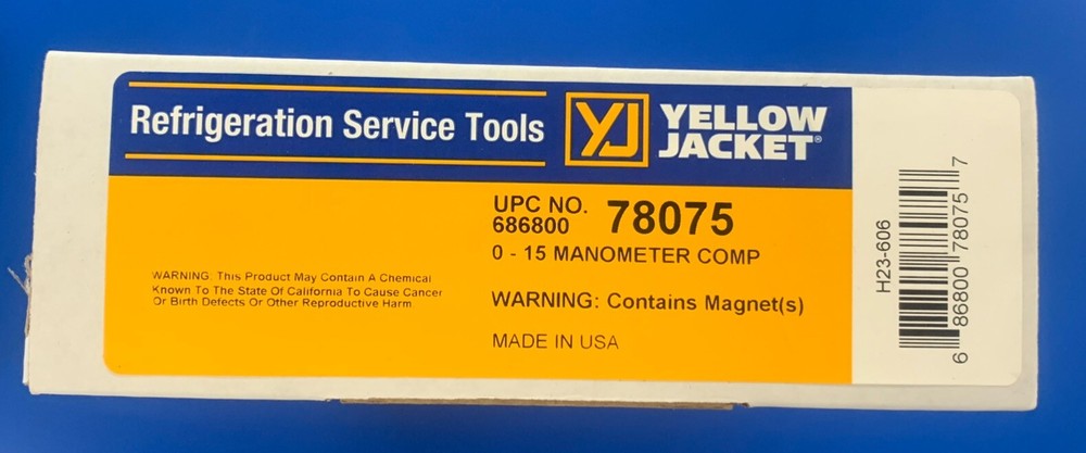YELLOW JACKET WATER-TYPE MANOMETER (-2" - 0 - 15") 78075