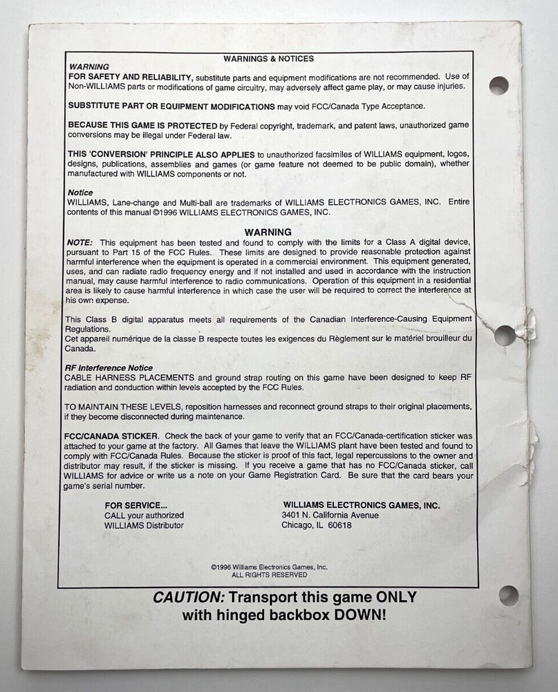 Williams Pinball - Ticket Tac Toe Operations Manual