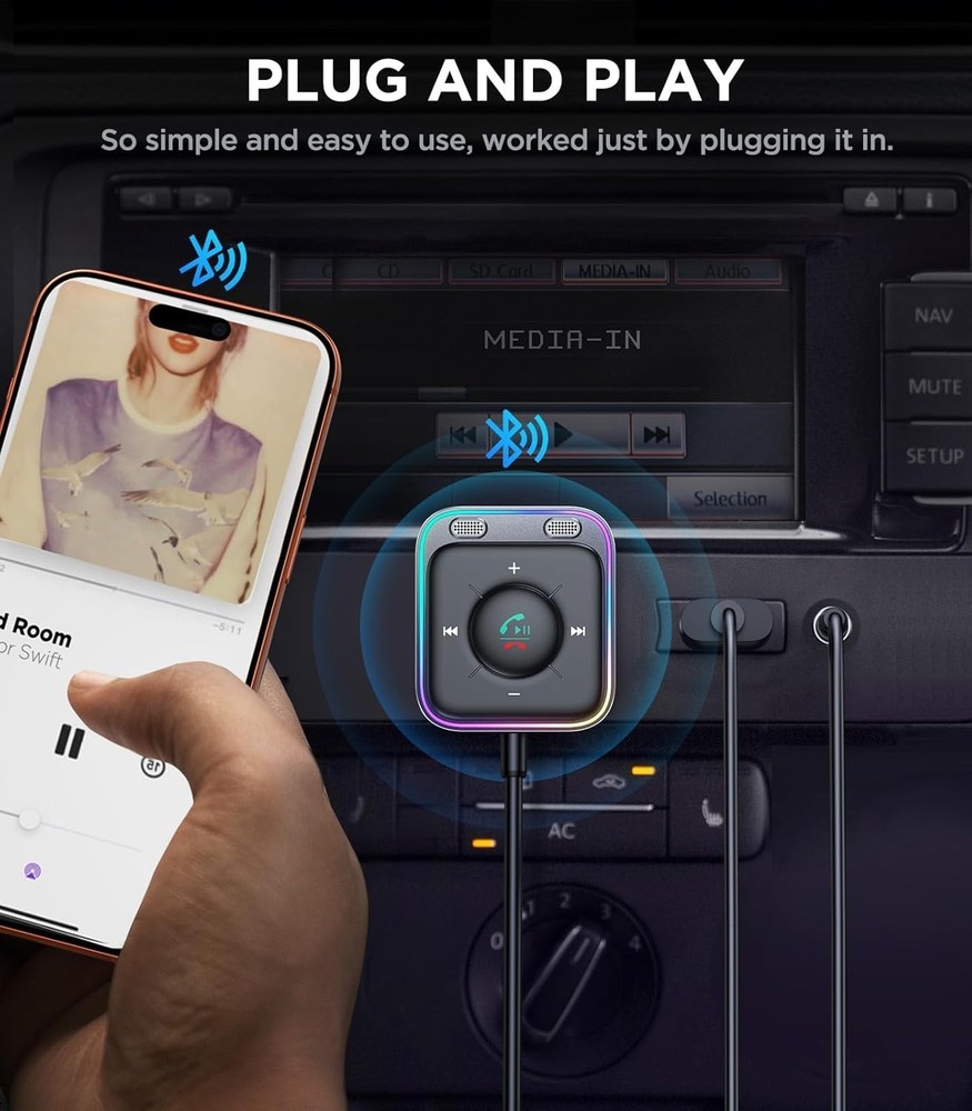 Bluetooth 6.0 AUX Car Adapter, Dual Mics Noise Cancellation, Plug-and-Play, Mult