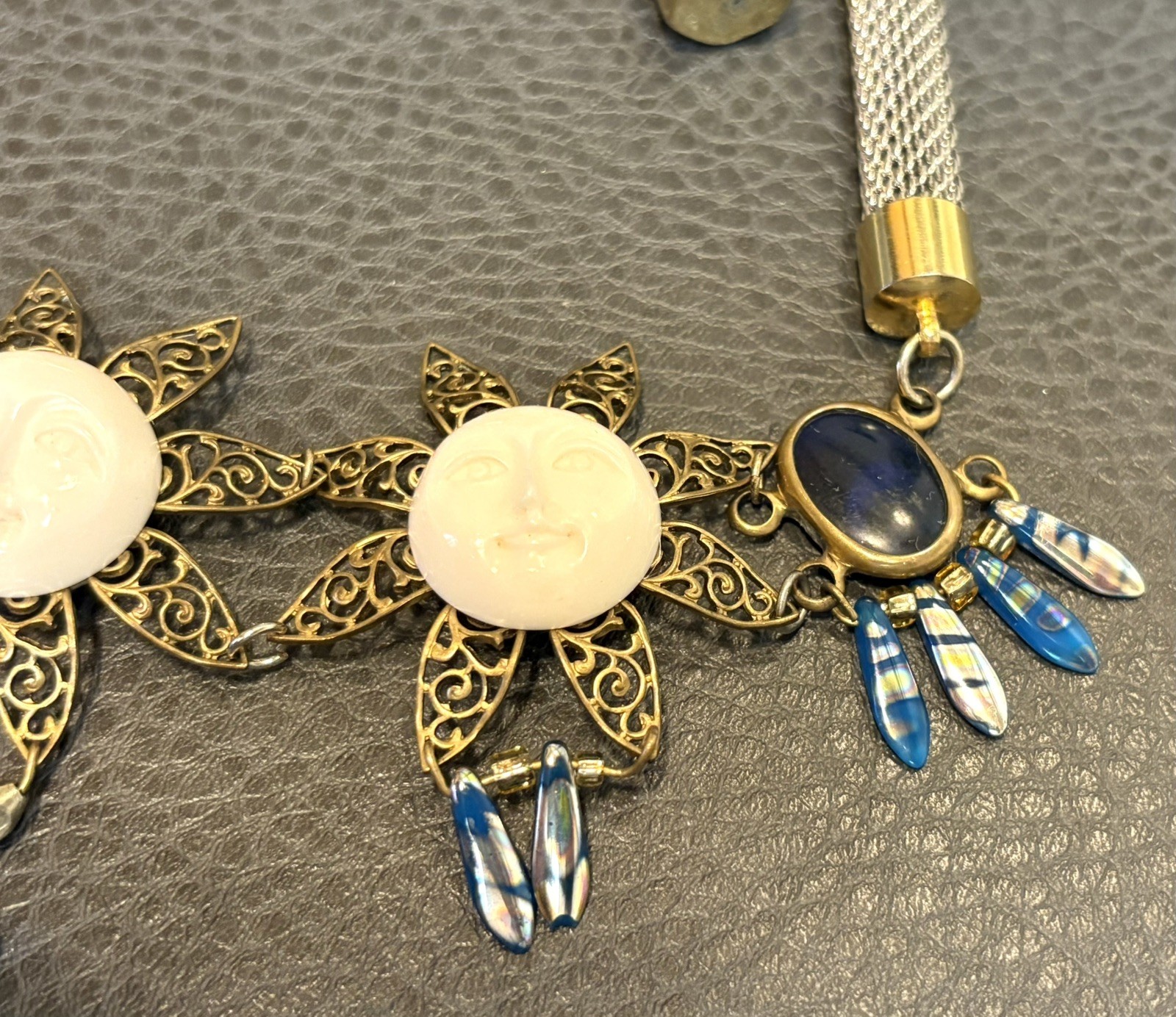 Holst + Lee Designer Celestial Sun Face Flower Chunky Necklace Gold Silver Tone