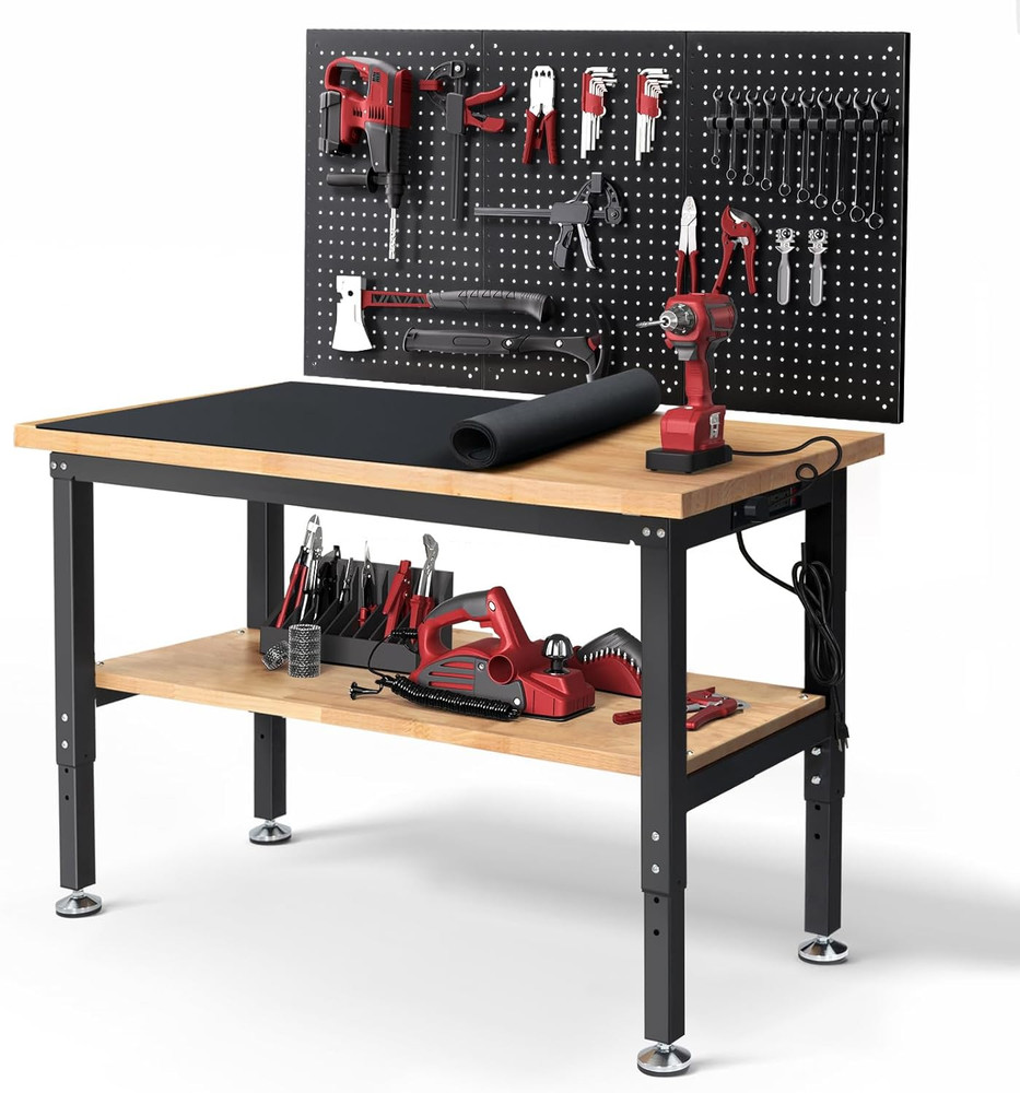 48 Inch Work Table for Garage Adjustable Height Rubber Wood Tabletop Workbench w