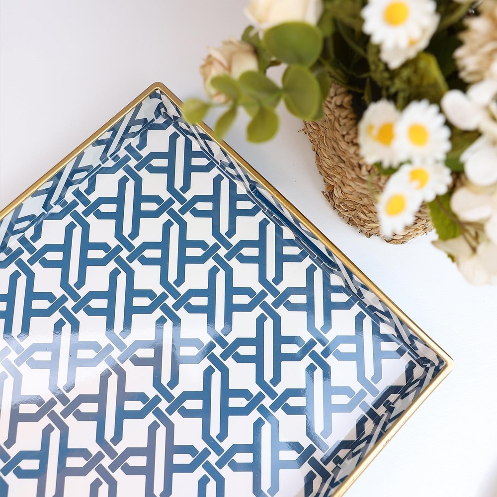 White Plastic Marbling Rectangular Decorative Serving Tray 15.6x10.2 Inch