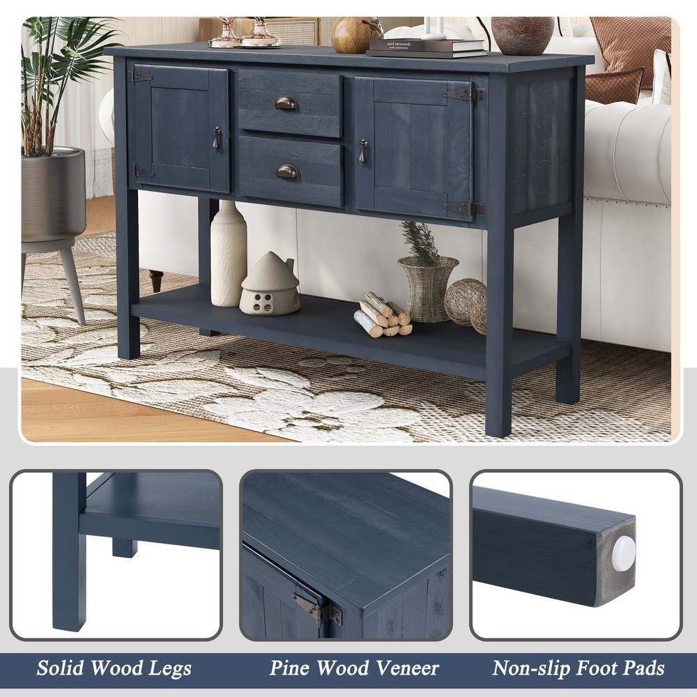 Solid Wood Sideboard Console Table w/ 2 Drawers, Cabinet, Navy Blue