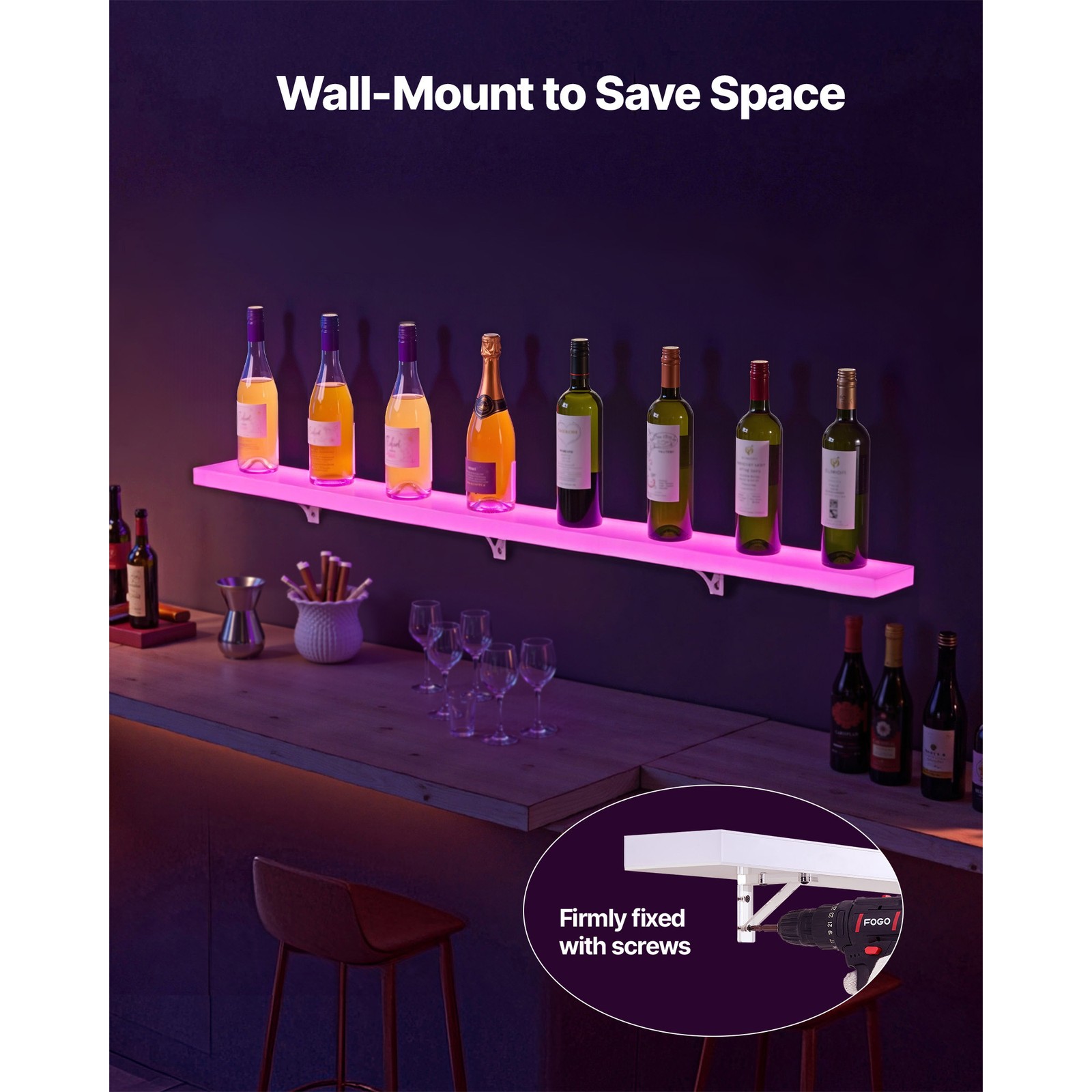 Uimoso LED Illuminated Liquor Bottle Shelf, 1-Tier, 60 Inches, Holds 15 Bottles