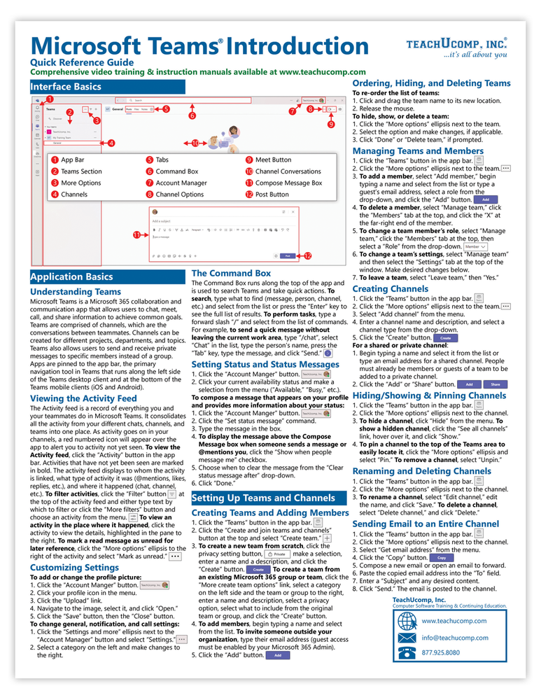 Microsoft Teams Training Guide Quick Reference Card 2 Page Cheat Sheet Help