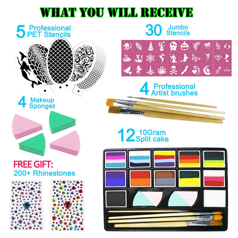 Bowitzki Professional Split Cake Face Paint Kit with Sponges Stencils Brush Kit