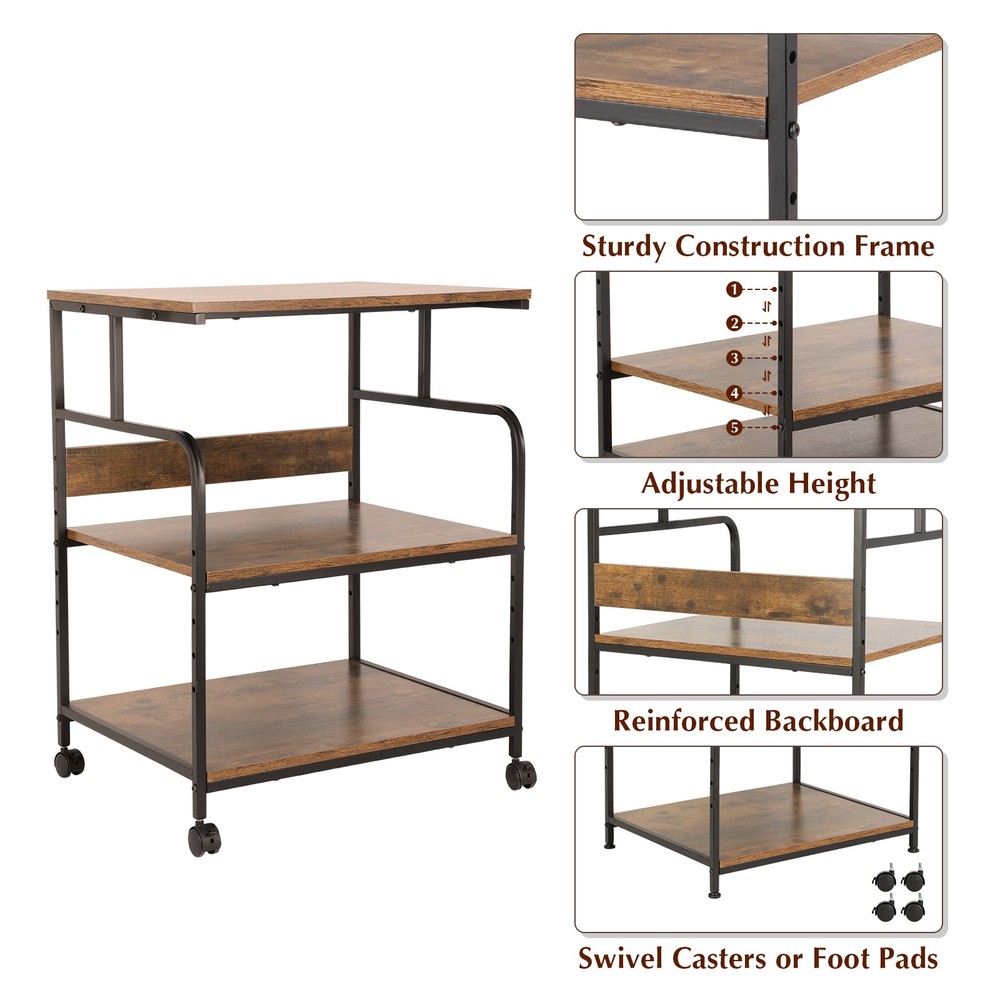 Printer Stand, 3 Tier Printer Stand with Height Adjustable Storage Shelf, Brown