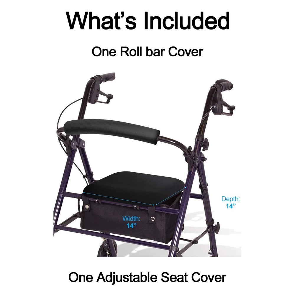 Rollator Walker Seat & Backrest Rollbar Covers Set - Adjustable Black
