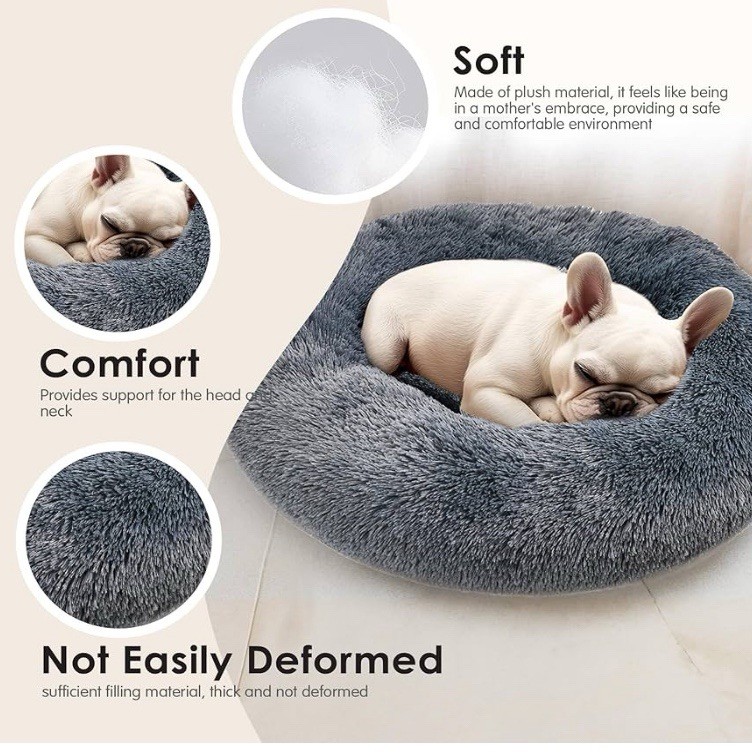 Donut Plush Pet Dog Cat 23" Bed Fluffy Soft Calming Bed Dark Gray