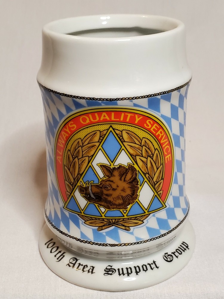 US ARMY Beer Stein Large Stoneware Mug 100th Area Support Graphic EUC