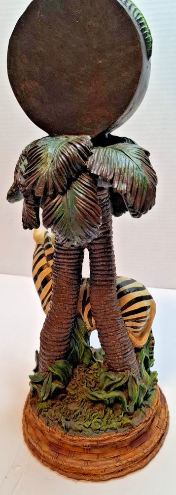 Zebra clock resin sculptured under palm trees 15"Ht. Functioning Clock