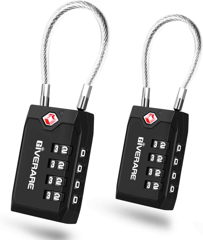 2-Pack TSA Cable Combo Travel Locks, 4-Digit Easy Read Dials, Weatherproof Black