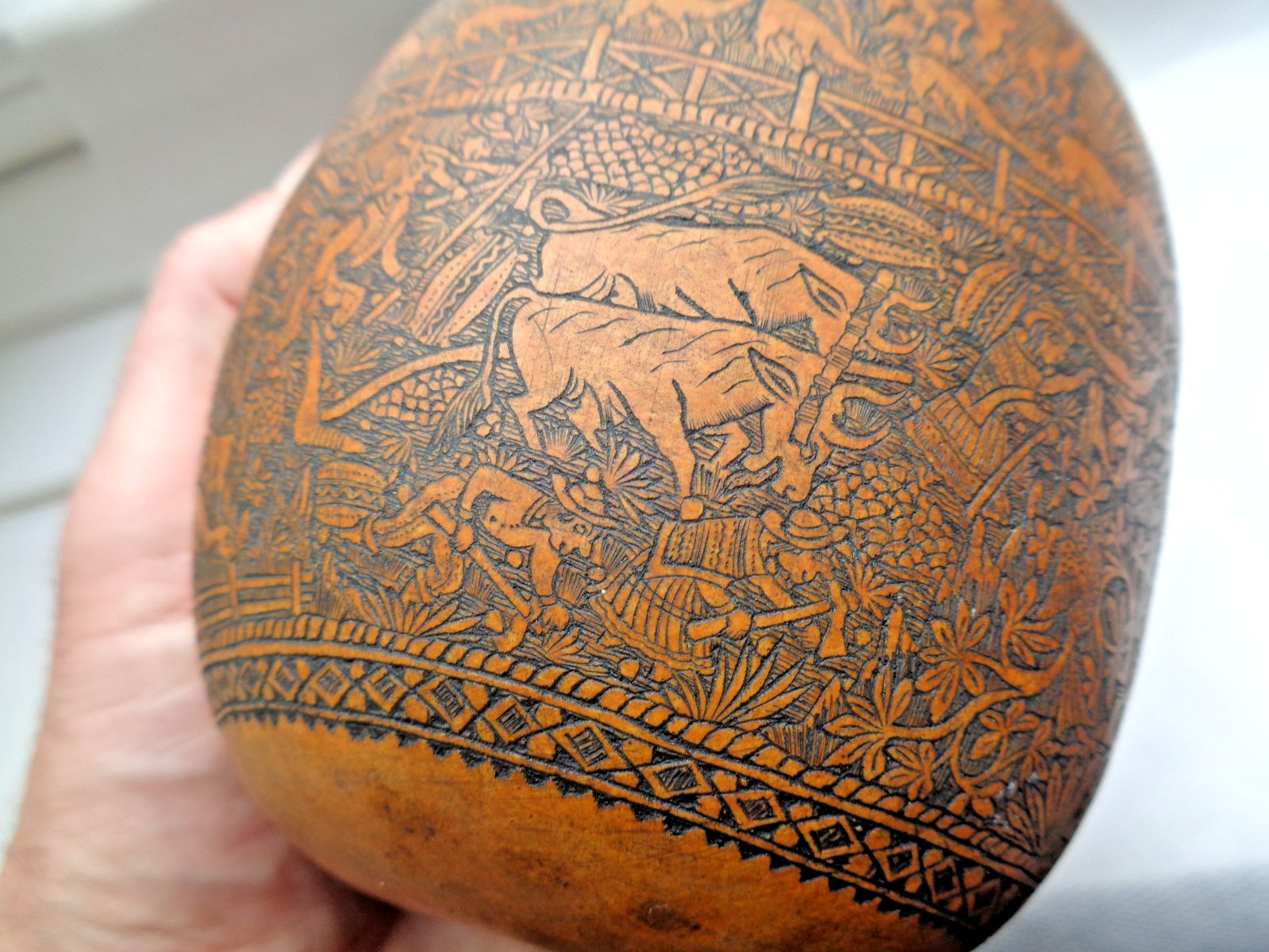 ANTIQUE SOUTH AMERICAN FOLK ART CARVED GOURD BULL FIGHTER, CHURCH, FARMER, LLAMA