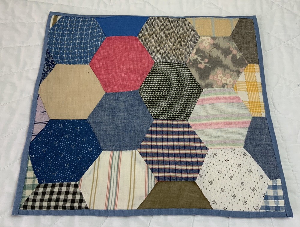 Vintage Antique Patchwork Quilt Table Topper, Octagons, Early Calicos, Multi