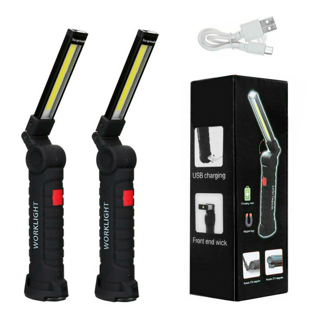 2 Pack Magnetic Base LED COB Work Light Rechargeable Mechanic Torch Flashlight