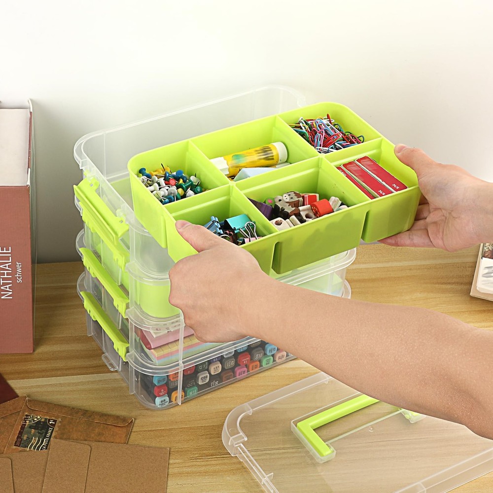 JUXYES 4-Tiers Stack Carry Storage Box With 2 Divided Tray, Transparent Stack...