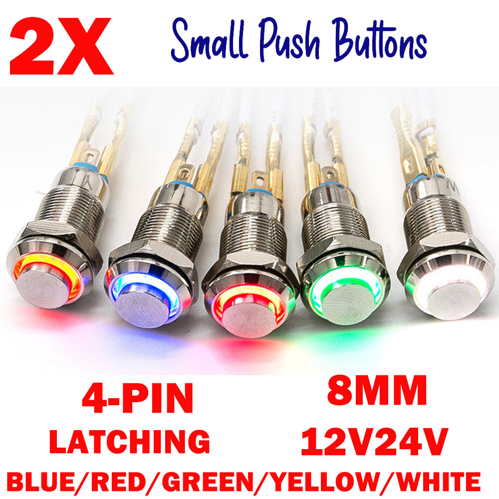 2x 8mm Small Metal Push Button Switch 4-Pin LED Latching/Self Locking Waterproof